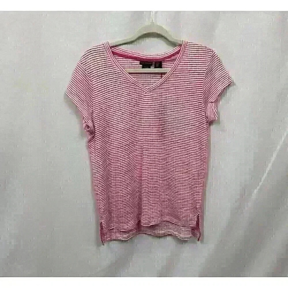 Tahari NWT Womens Small Pink White Striped 100% Linen Top Capped Sleeves V-Neck - Picture 2 of 11